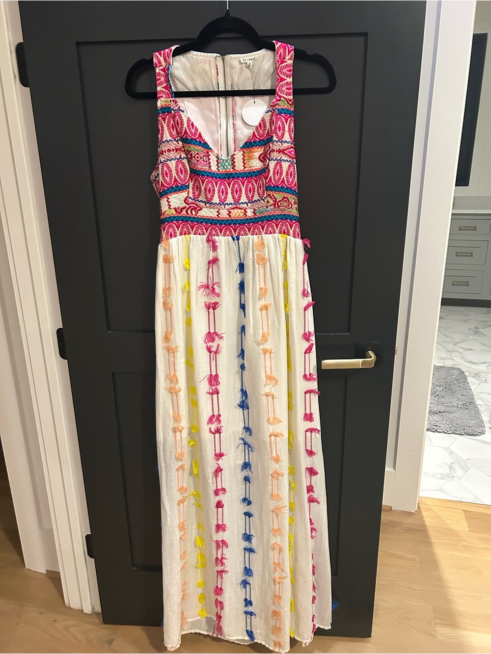 En Creme White Maxi Dress with Pink, Blue, Yellow & Orange Embroidery